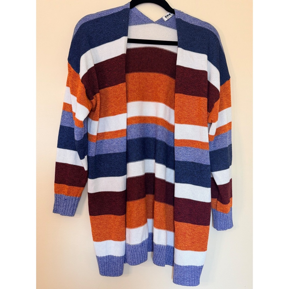 Ecowish Womens Striped Open Front Cardigan Sweater Orange Blue White Size Medium